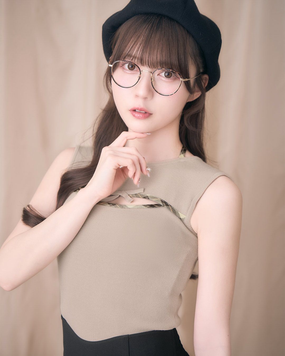 チェックリボンノースリーブトップス ベージュ | ファッション通販