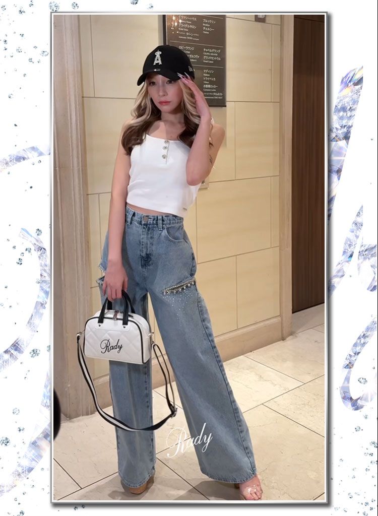 サイドカットビジューデニムパンツ ブルー | ファッション通販