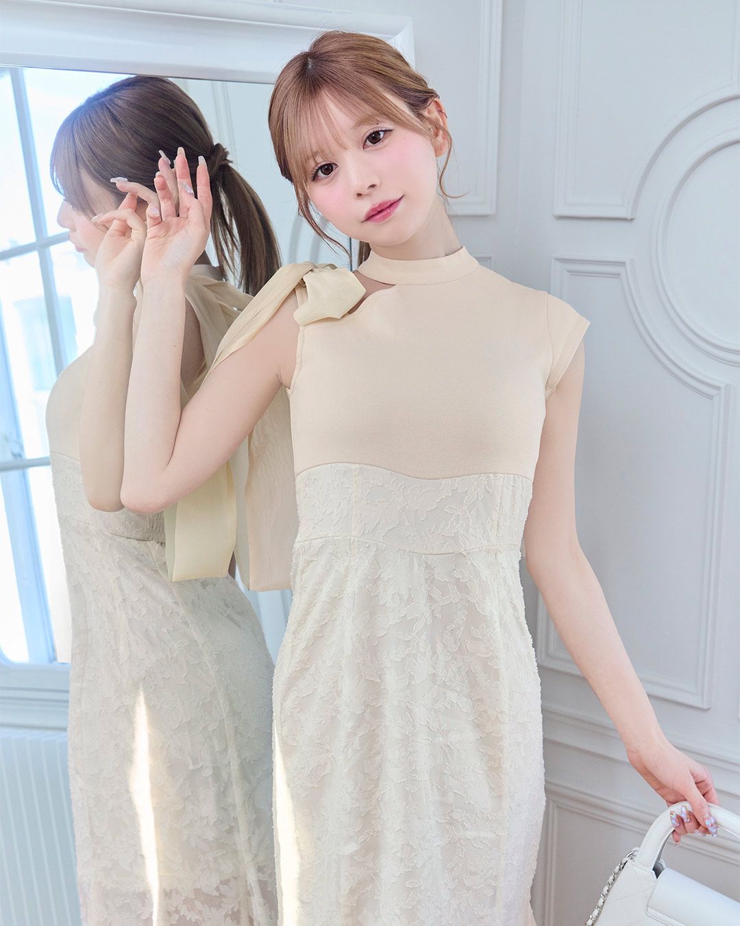 リボンスリーブワンピース michellMacaron アイボリー XSサイズ リボンマーメイドワンピース アイボリー | ファッション通販＆メディア