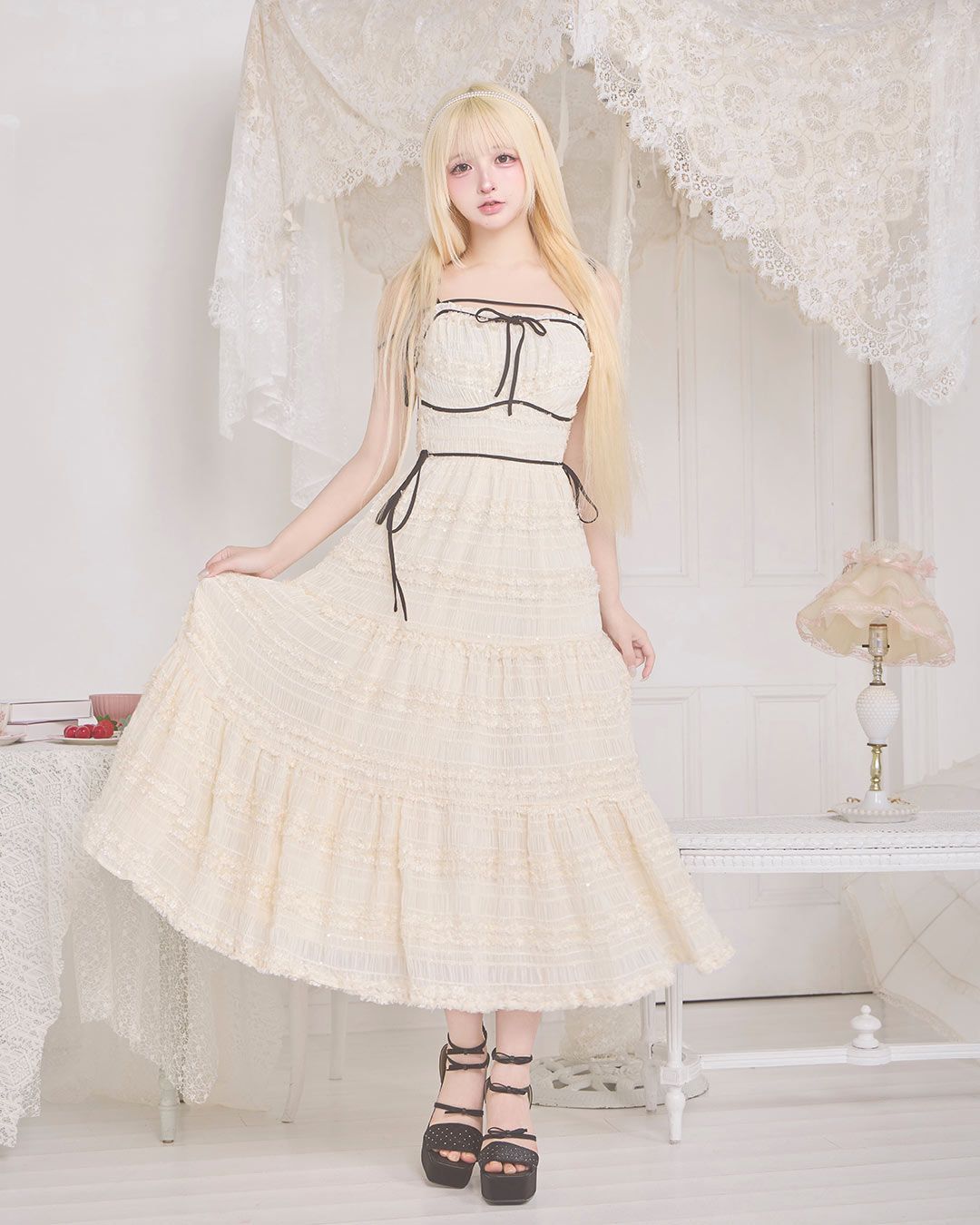 ミシェルマカロン バイカラーリボンシャーリングロングワンピ c6624326c3bd94b072da4415ed7aab