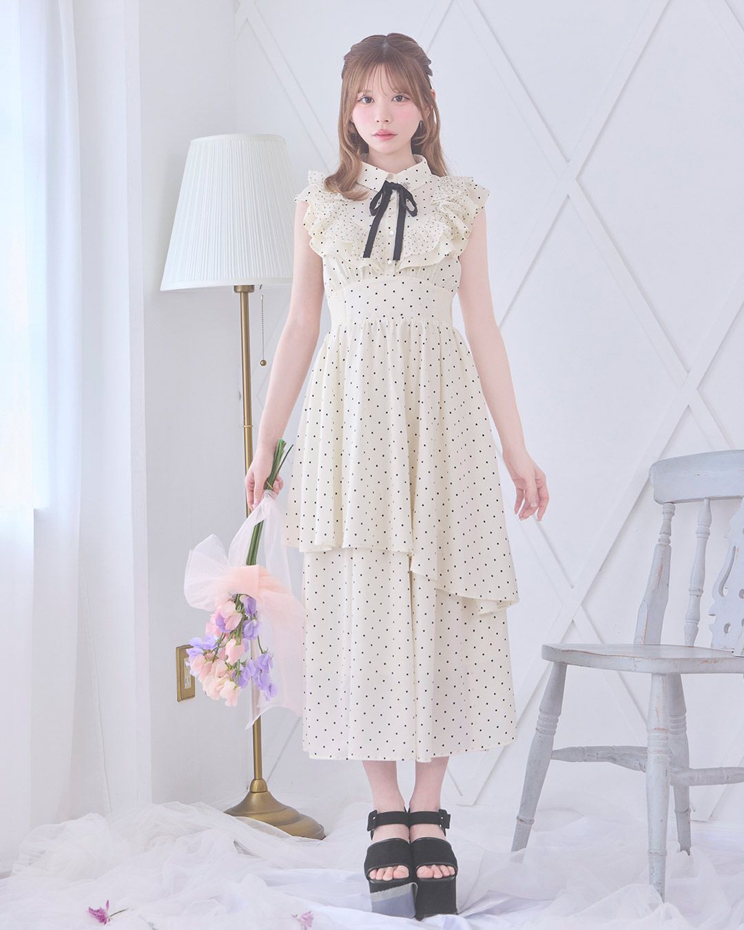 【期間限定値下げ中】michellMacaronドットフリルティアードワンピース ドットフリルティアードワンピース アイボリー | ファッション通販