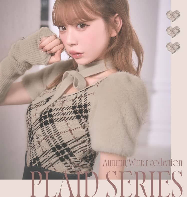 SJJ0329Cファースリーブチェックニットトップス