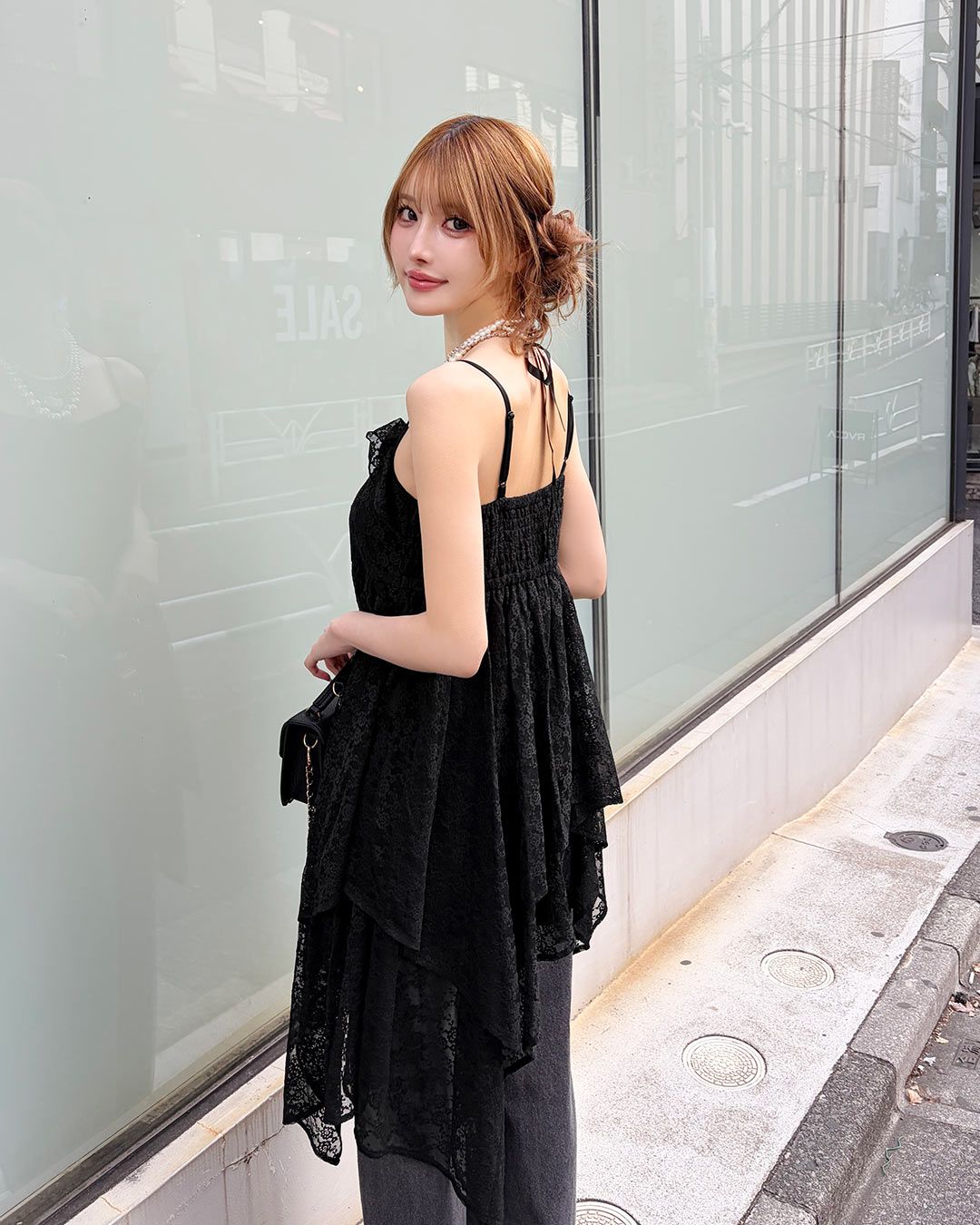 アシンメトリーレースキャミワンピース ブラック | ファッション通販
