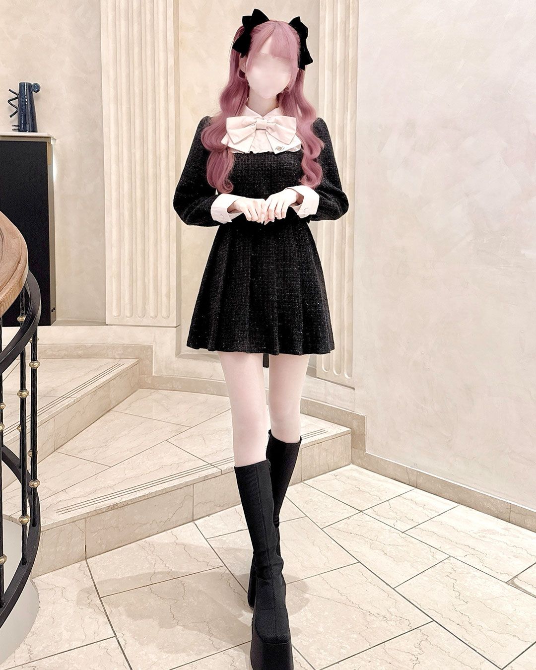 ビッグリボンツイードプリーツワンピース ブラック | ファッション通販