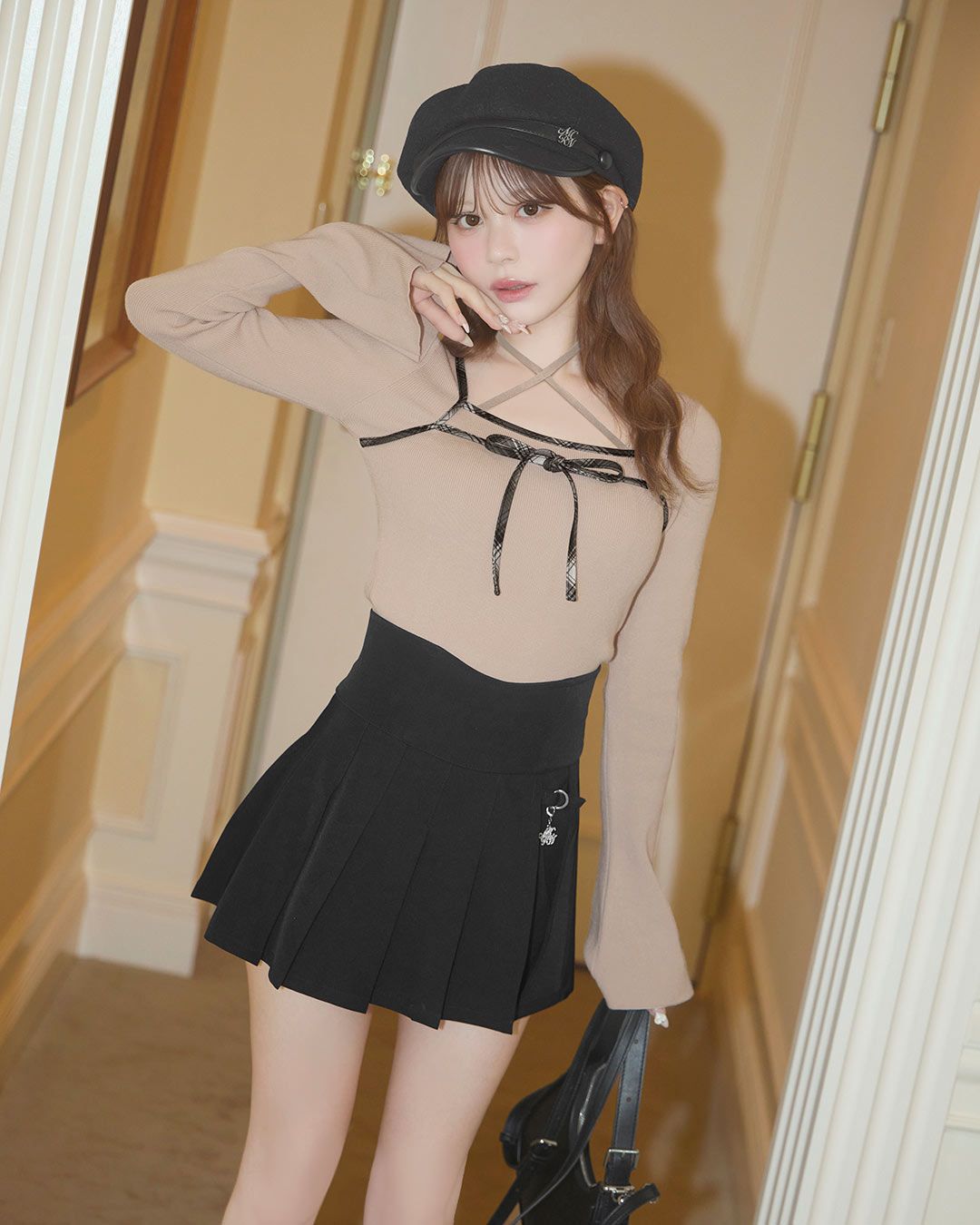 チェックパイピングリボンニットトップス ブラック | ファッション通販