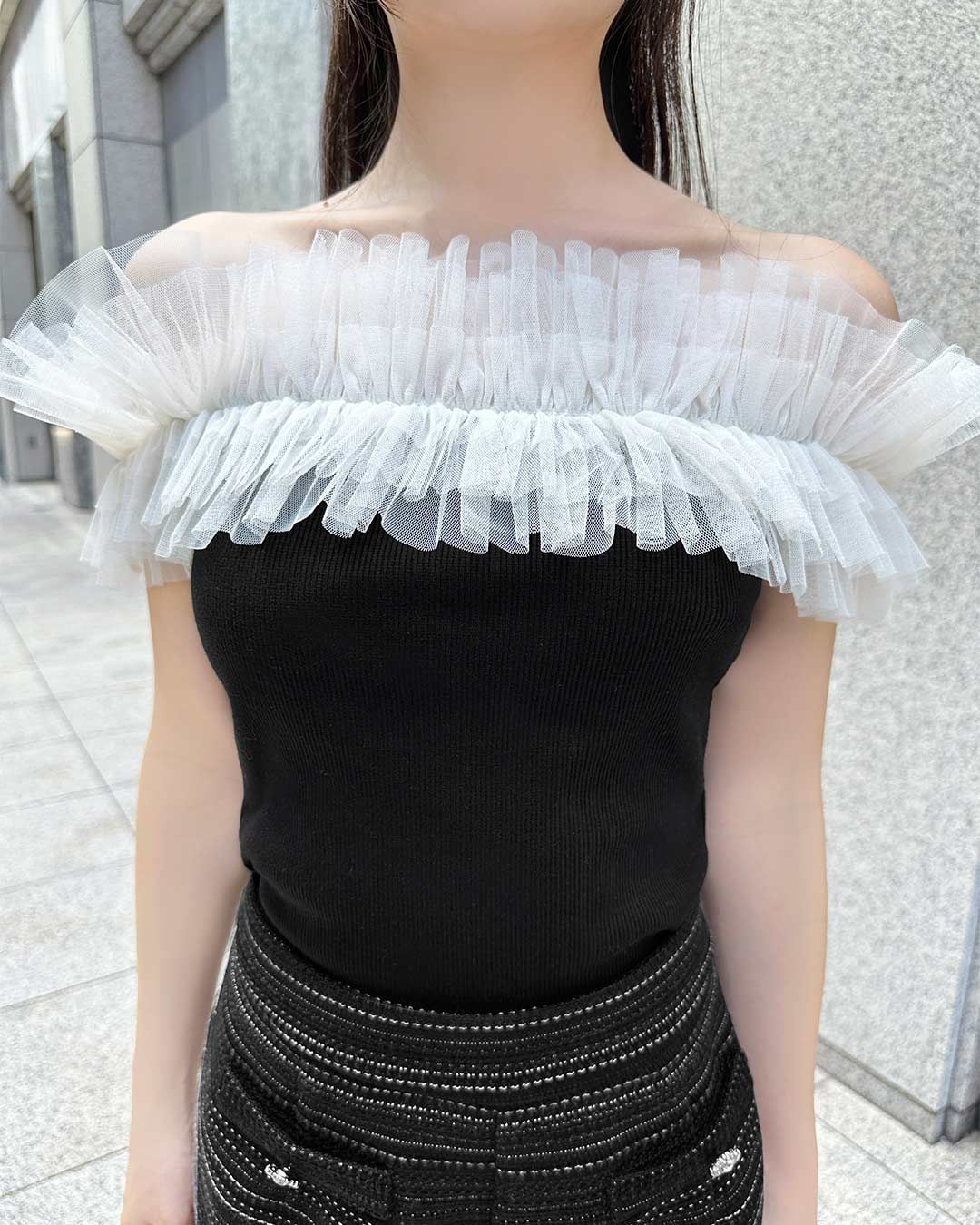フリルオフショルトップス ブラック | ファッション通販