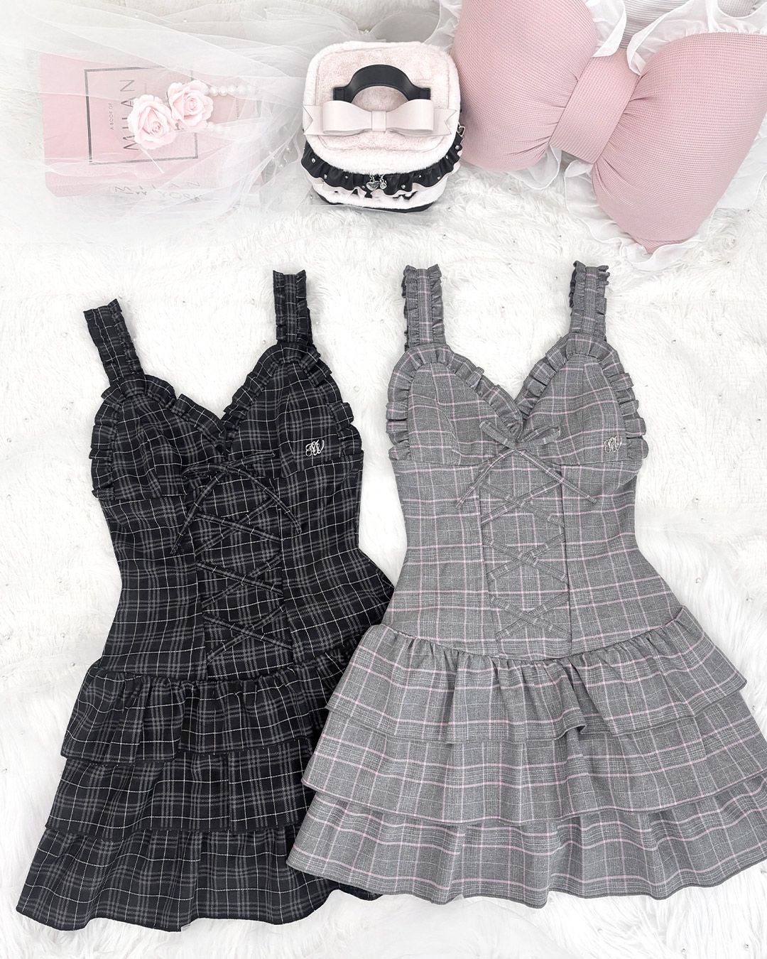 チェックレースアップフリルキャミワンピース ピンク | ファッション