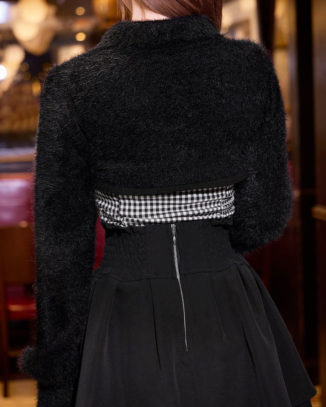 シャギーボレロsetギンガムチェックトップス ブラック | ファッション