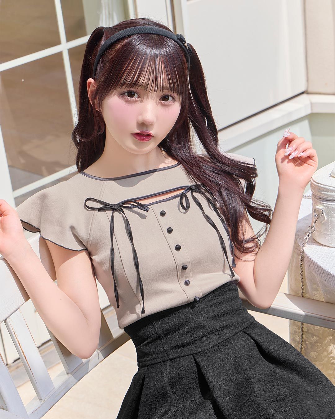 リボンスリーブトップス ミシェルマカロン ダブルフレアスリーブリボントップス ベージュ | ファッション