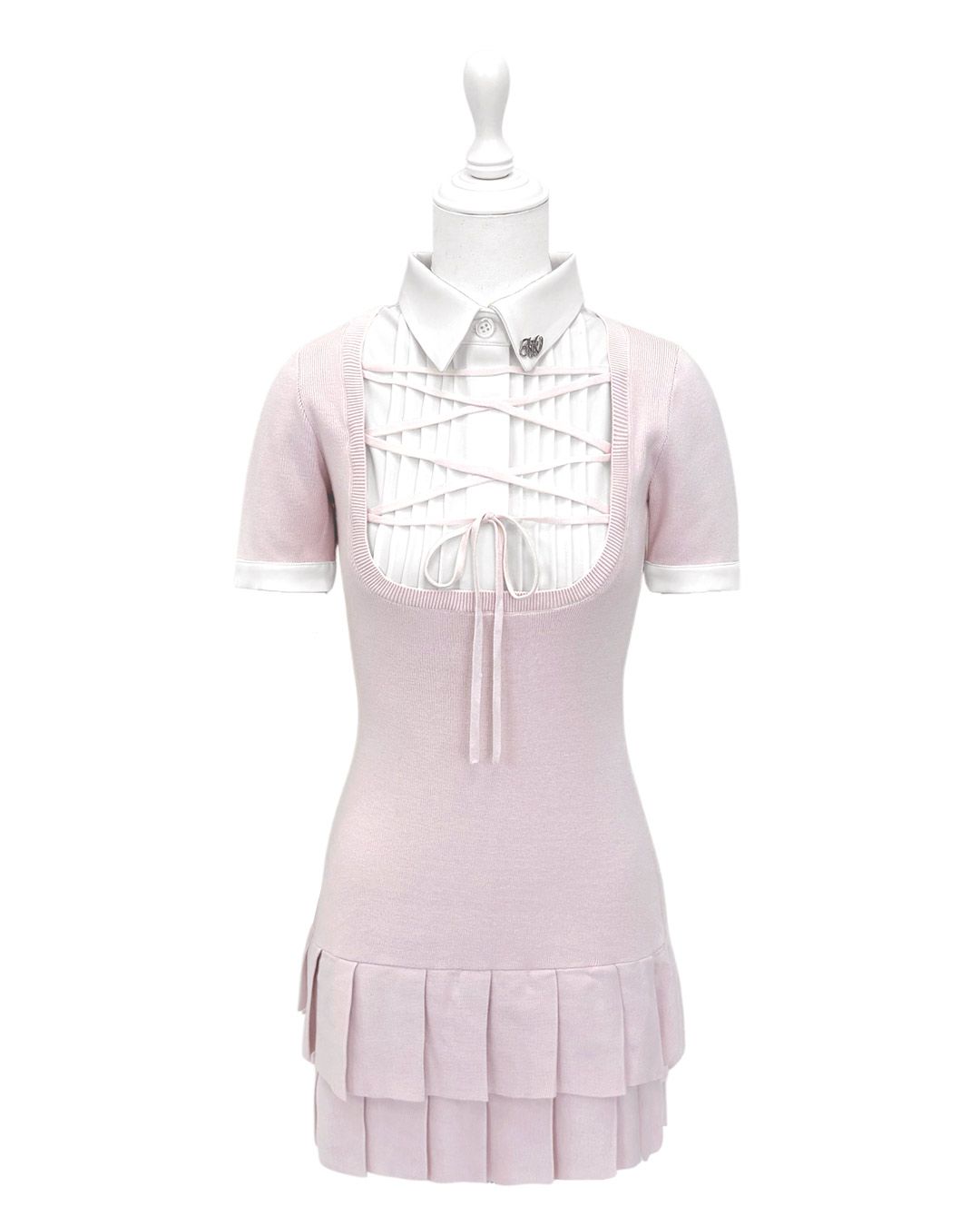 HONEYMEW レースアップブラウスドッキングニットワンピース シエルブルー レースアップブラウスドッキングニットワンピース シエルブルー