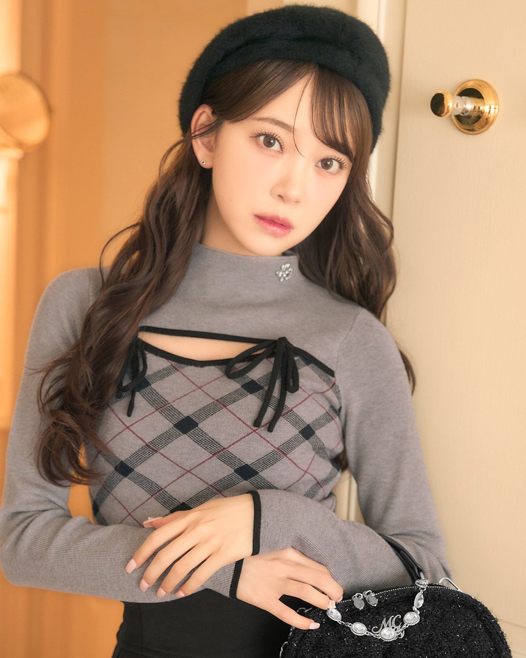 デコルテオープンチェックニットトップス グレー | ファッション通販