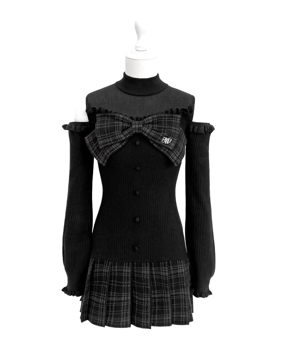 ♡ HONEYMEW ハニーミュウ チェックリボン肩空きプリーツワンピース ♡ チェックリボン肩空きプリーツワンピース ブラック | ファッション通販