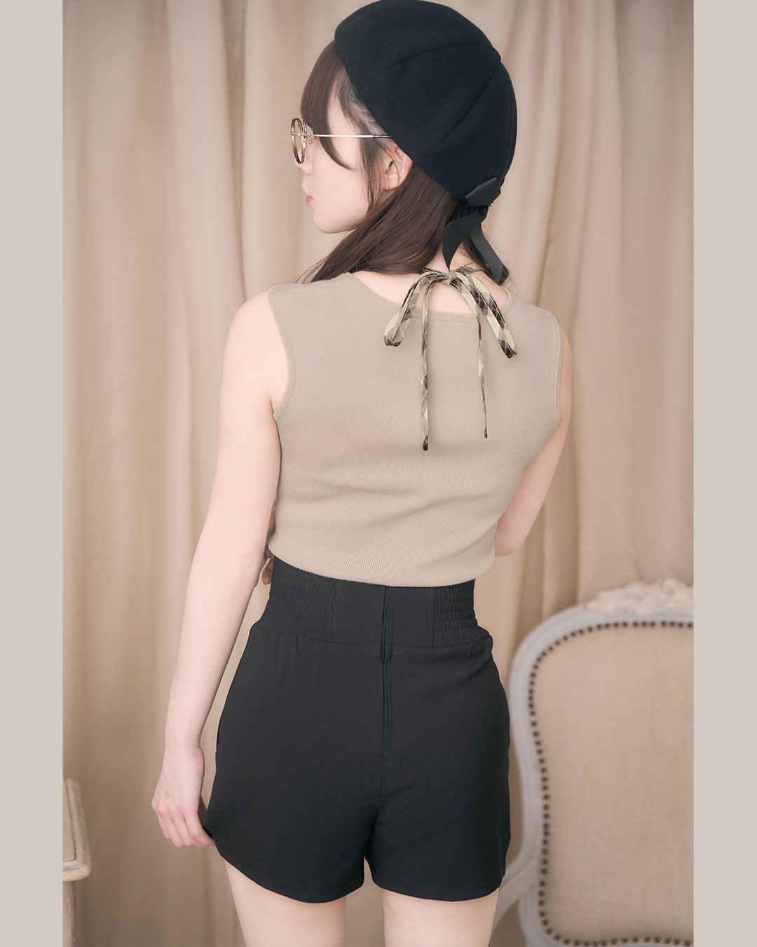 チェックリボンノースリーブトップス ベージュ | ファッション通販