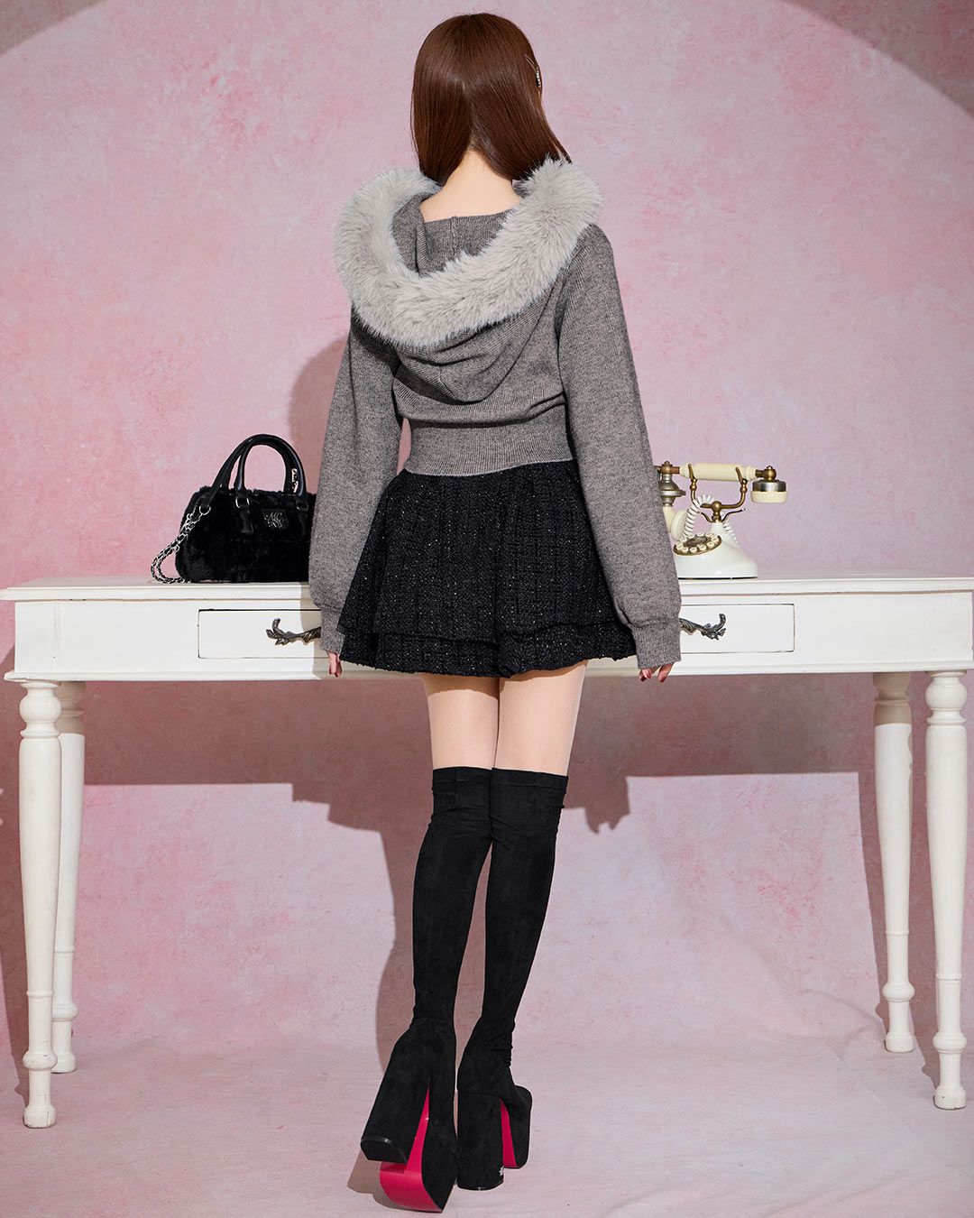 ファーフードケーブルニットジップトップス グレー | ファッション通販