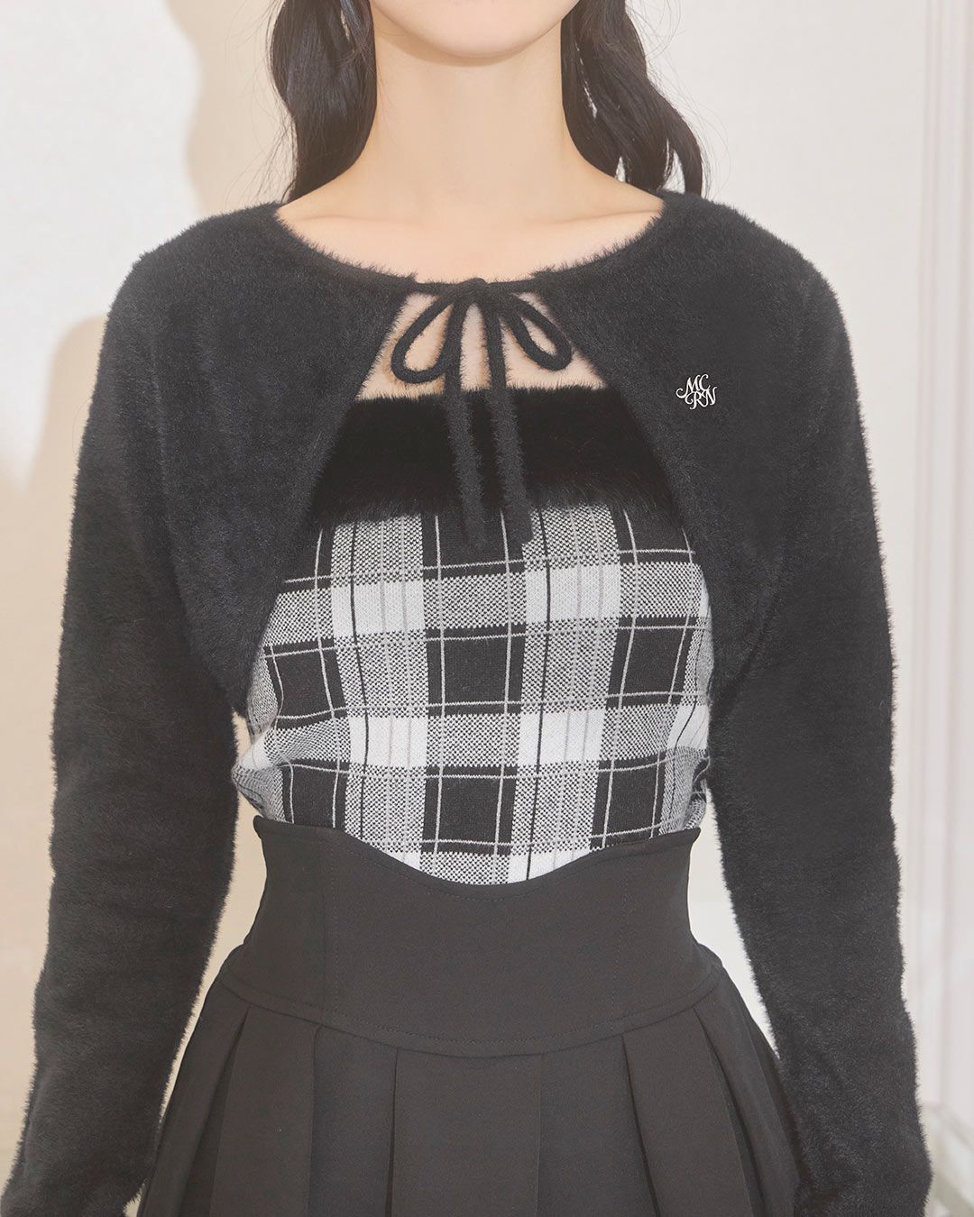 シャギーボレロチェックファートップス ブラック | ファッション通販