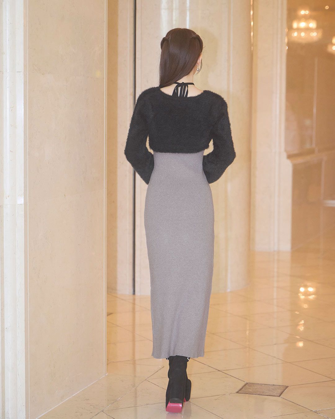 シャギーボレロsetニットワンピ グレー | ファッション通販