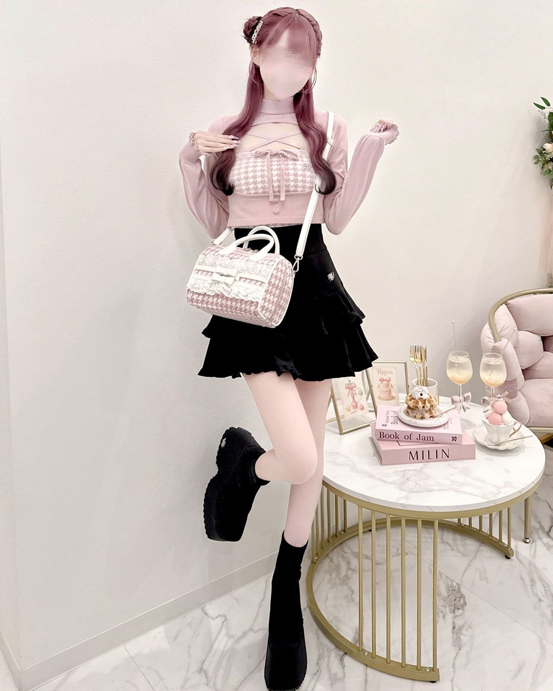 ハニーミュウ　千鳥リボンボストンバッグ　SJS0098M　ブラック ハニーミュウ 千鳥リボンボストンバッグ SJS0098M