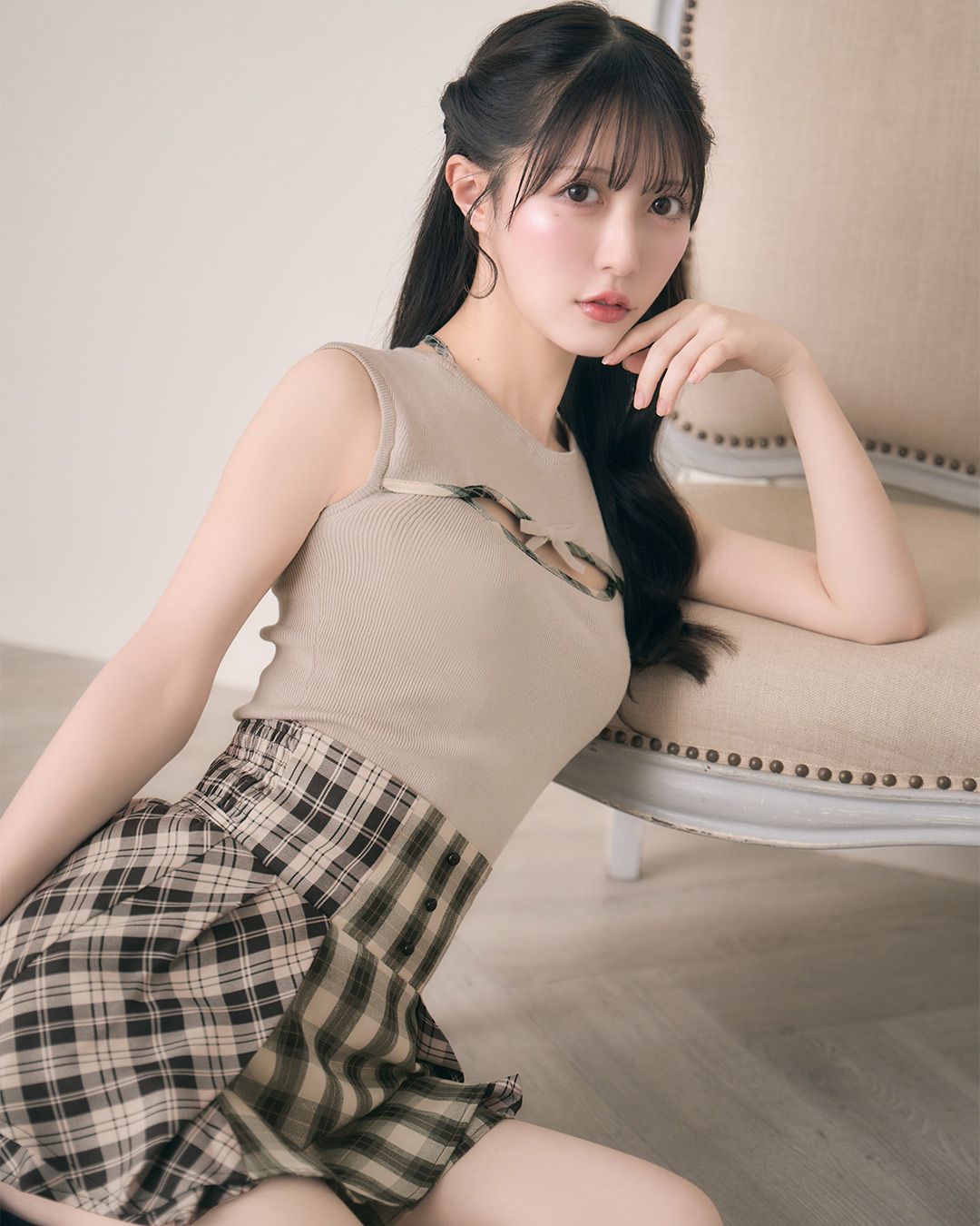 チェックリボンノースリーブトップス ベージュ | ファッション通販