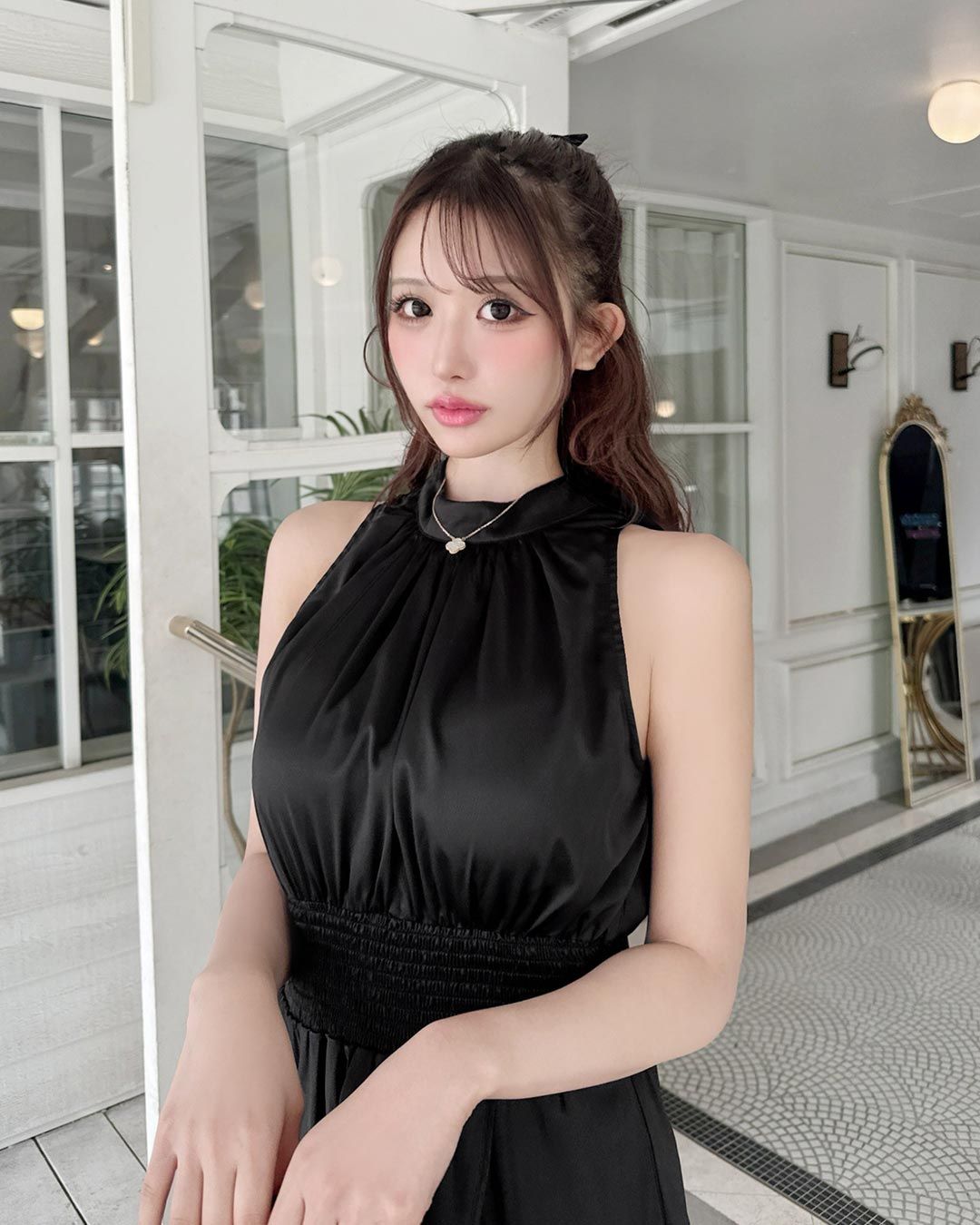 。みか　リボンワンピ　ブラックM セール】オーガンジーリボン付きキャミワンピース（ワンピース