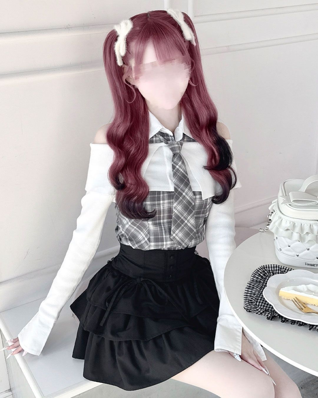 ネクタイ付きオフショルアンサンブルトップス ブラック | ファッション 