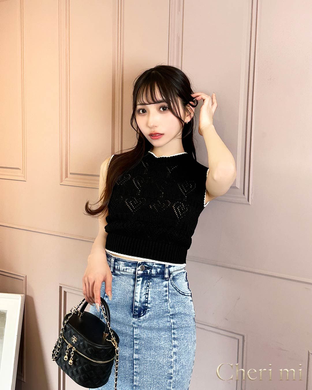 トップス Mi CAMBIO(カンビオ)】Denim Like Drape Henley Neck Concho Button