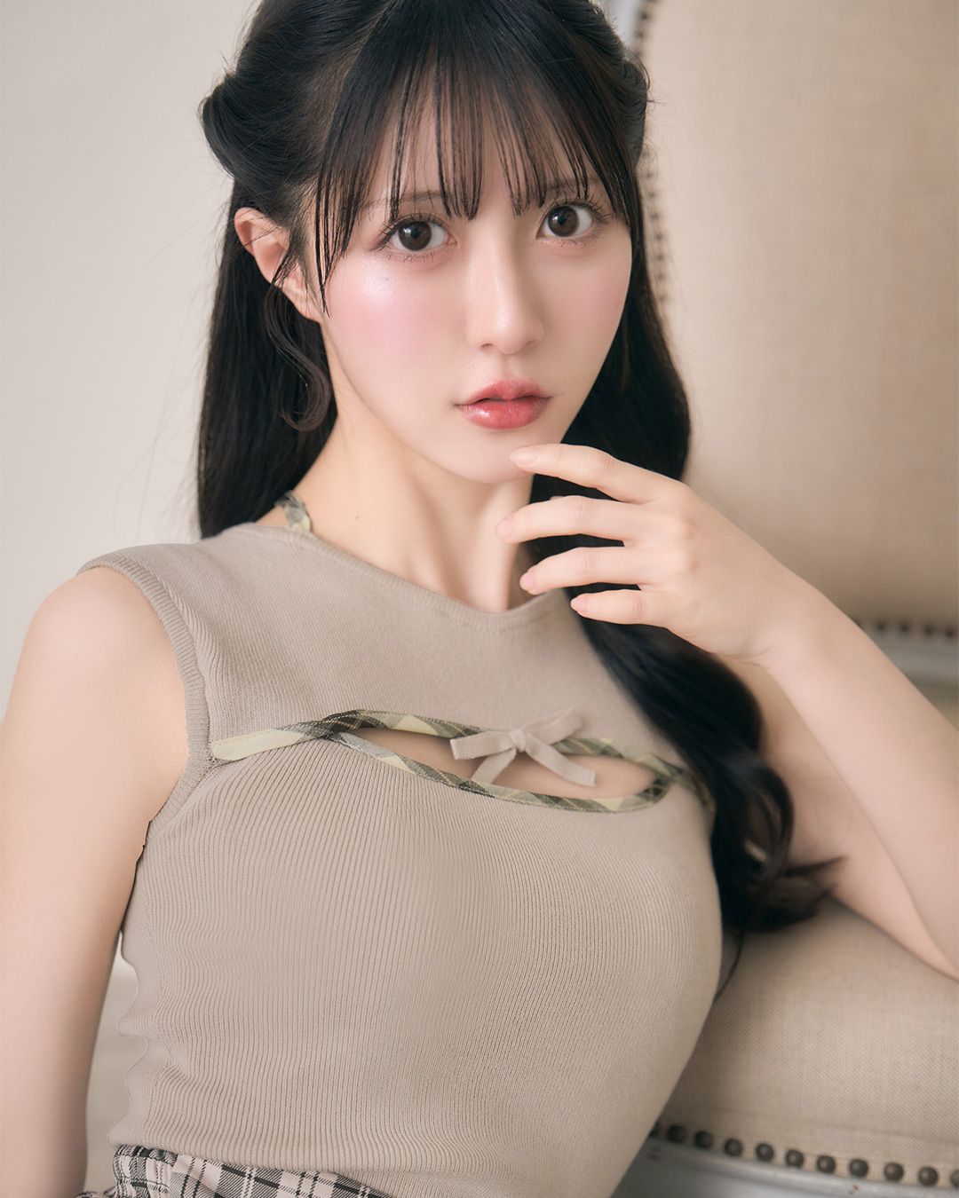 チェックリボンノースリーブトップス ベージュ | ファッション通販