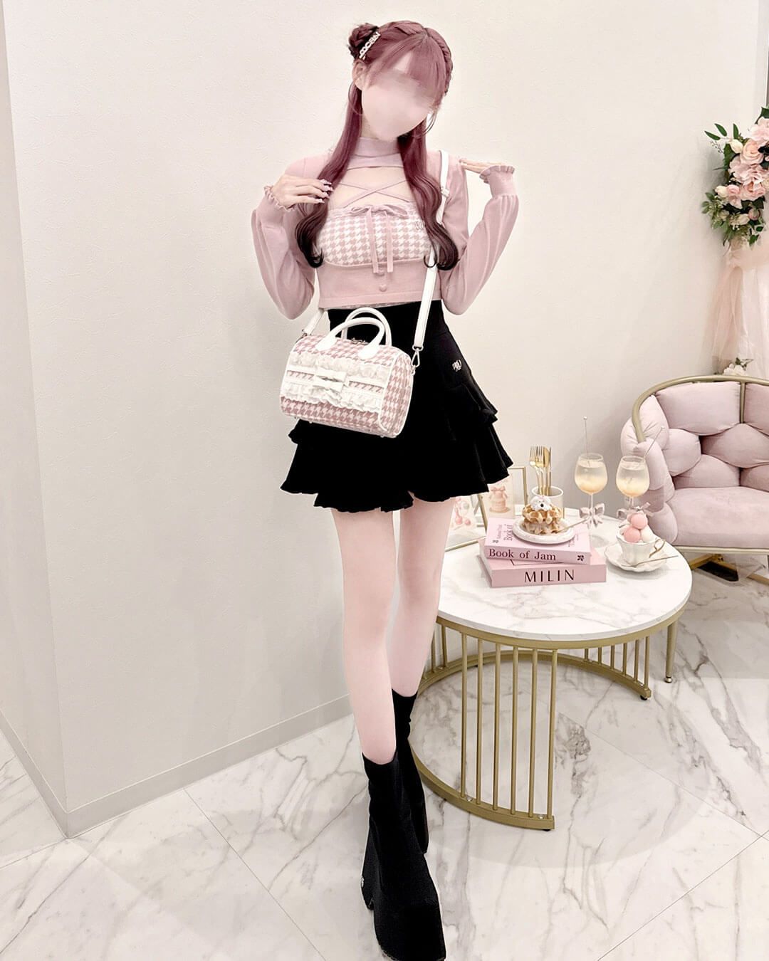 千鳥柄ハイネックアンサンブルトップス ピンク | ファッション