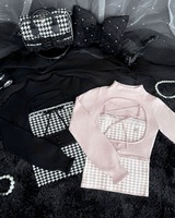 千鳥柄ハイネックアンサンブルトップス ブラック | ファッション通販