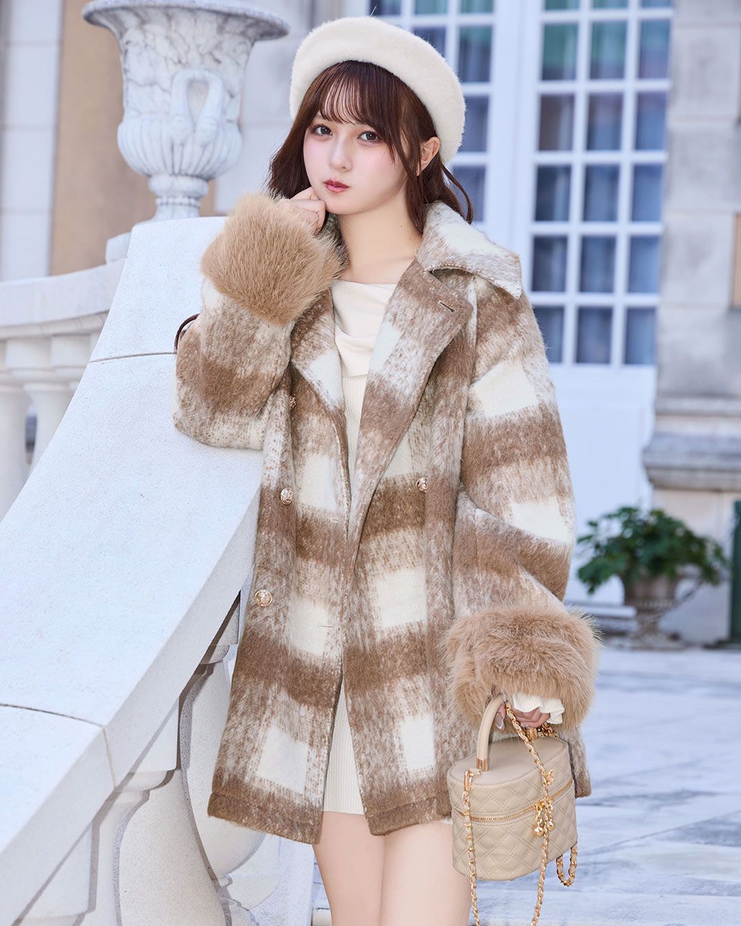 ビッグチェックトレンチファーコート ベージュ | ファッション通販