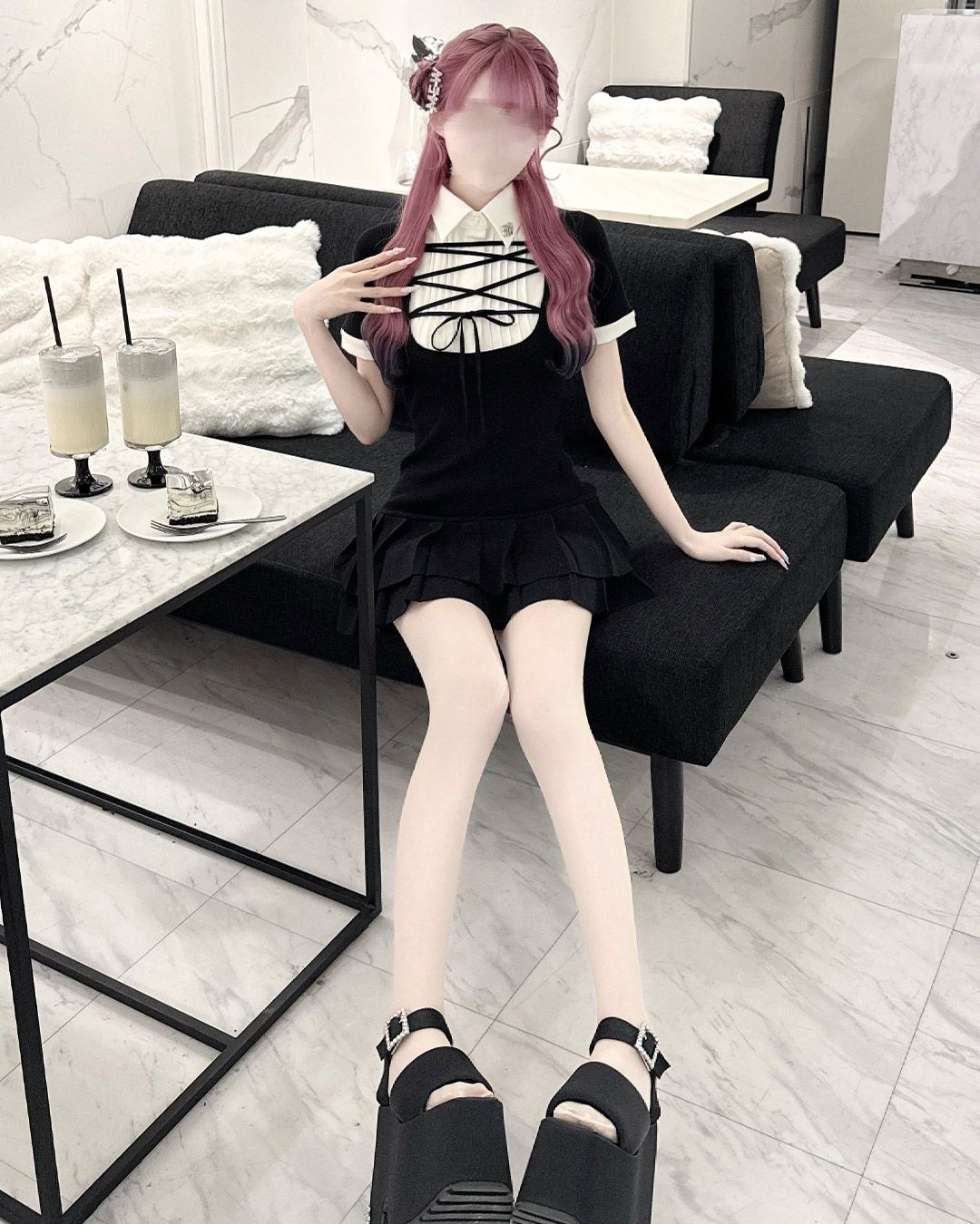 HONEYMEW レースアップブラウスドッキングニットワンピース シエルブルー レースアップブラウスドッキングニットワンピース シエルブルー