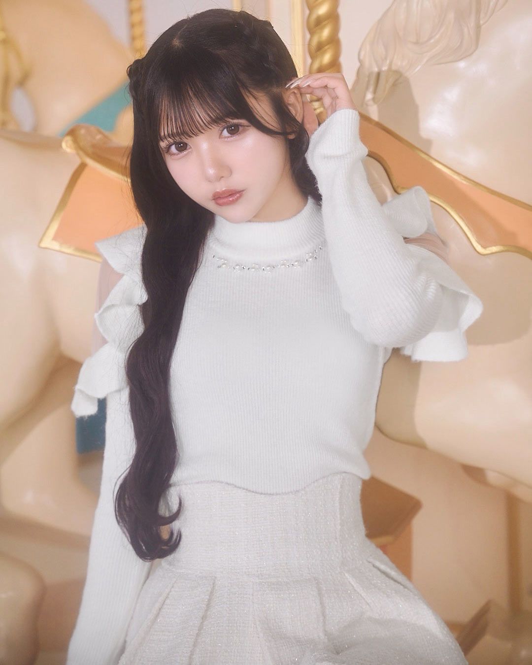 フリルショルダービジューニットトップス ホワイト | ファッション通販