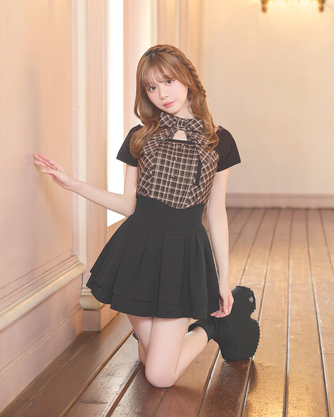ミシェルマカロン ボレロsetフロントリボンチェックトップス フリーサイズ ボレロsetフロントリボンチェックトップス ブラウン | ファッション
