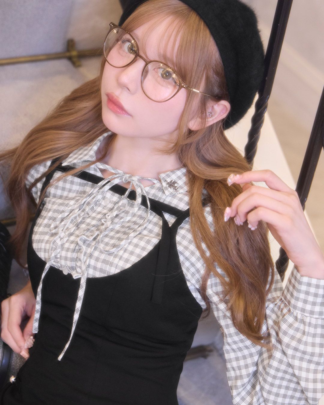 チェックフリルシャツロングジャンスカセット ブラック | ファッション
