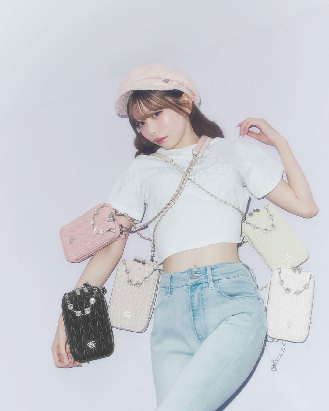 michellMacaronビジューキルティングマルチショルダー ピンクベージュ 