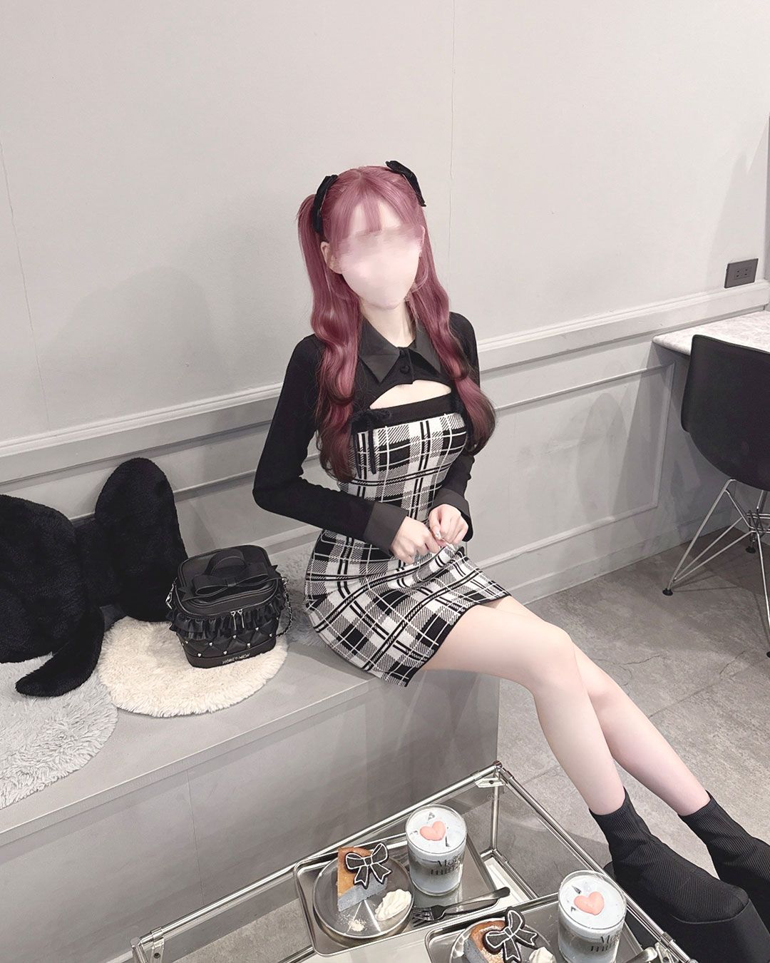 honey mew check❤︎アンサンブルワンピースBLACK checkアンサンブルロングスリーブワンピース ブラック