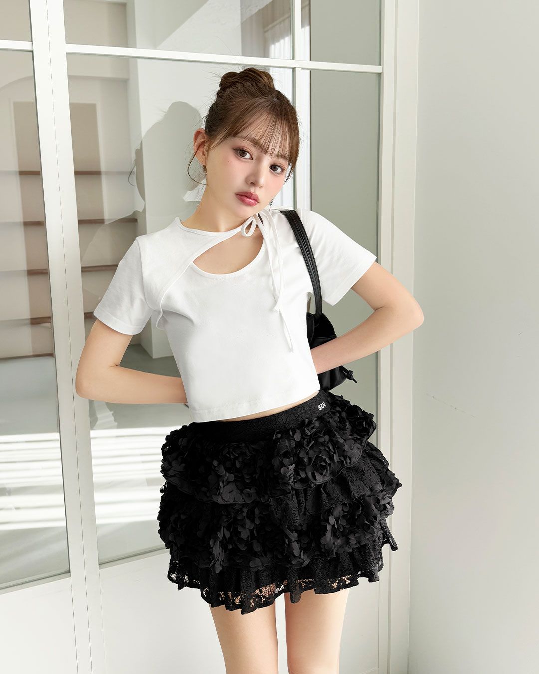 SOLNI アシメリボンネックTシャツ アシメリボンネックTシャツ ブラック | ファッション通販