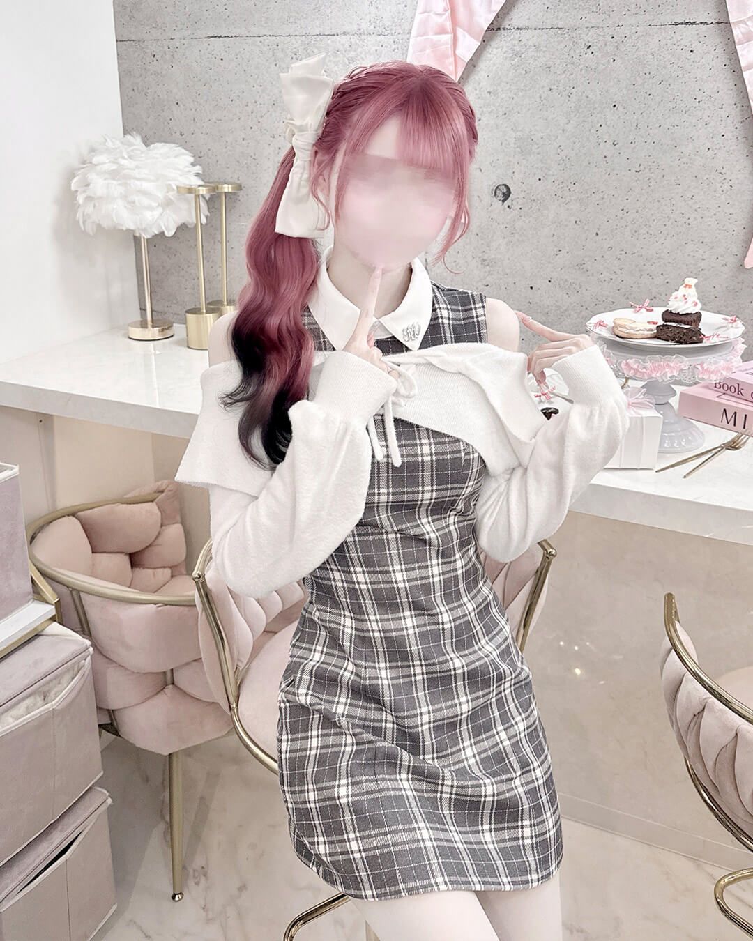 オフショルボレロチェックアンサンブルワンピース ホワイト