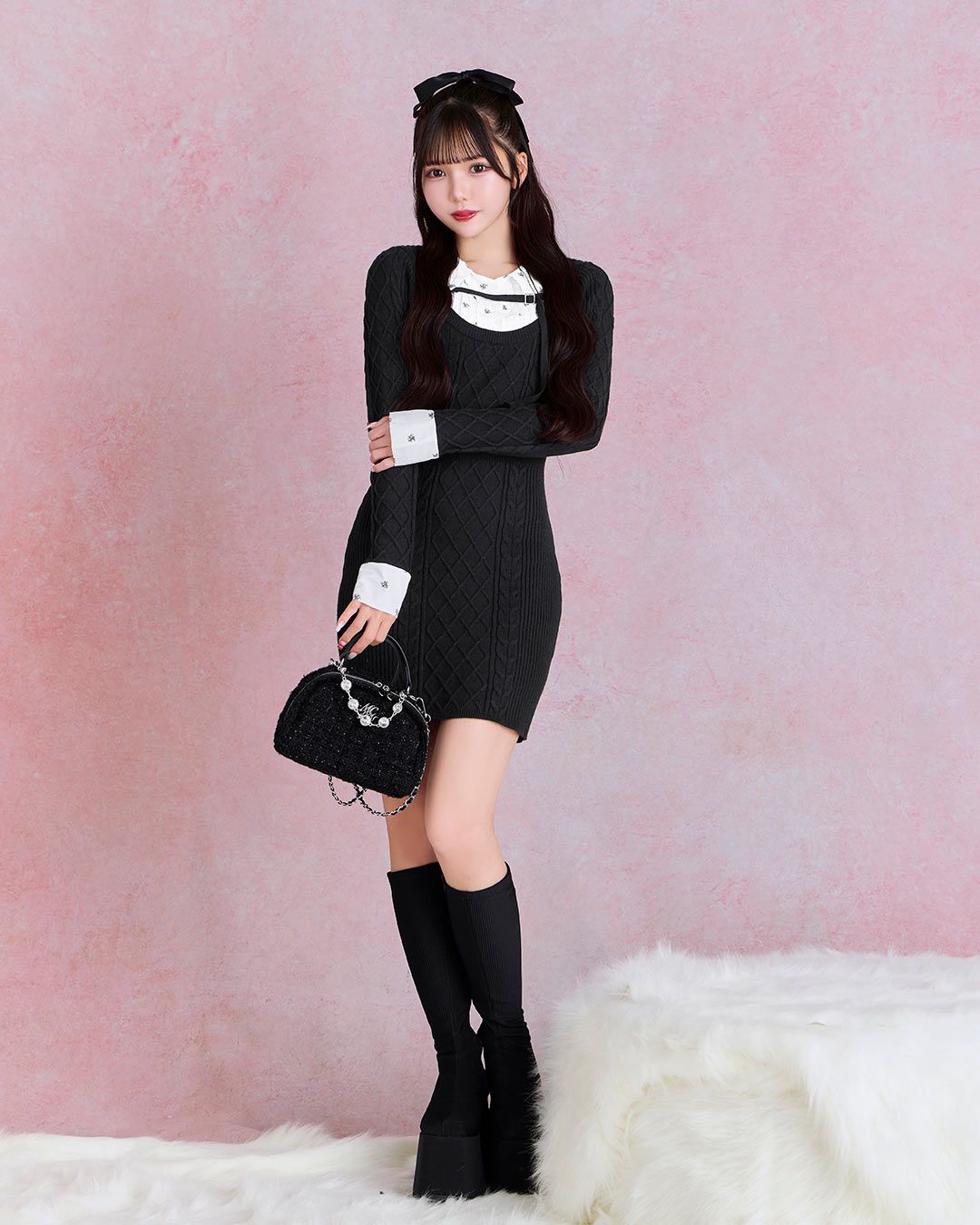 ミシェルマカロン　モノグラムシャツドッキングニットワンピース モノグラムシャツドッキングニットワンピース ブラック | ファッション