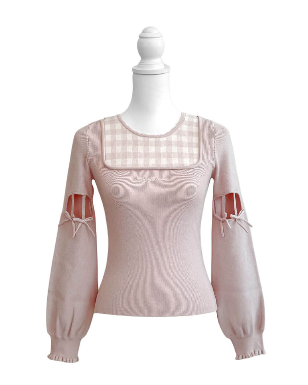 アームリボンスリットギンガムトップス ピンク | ファッション通販