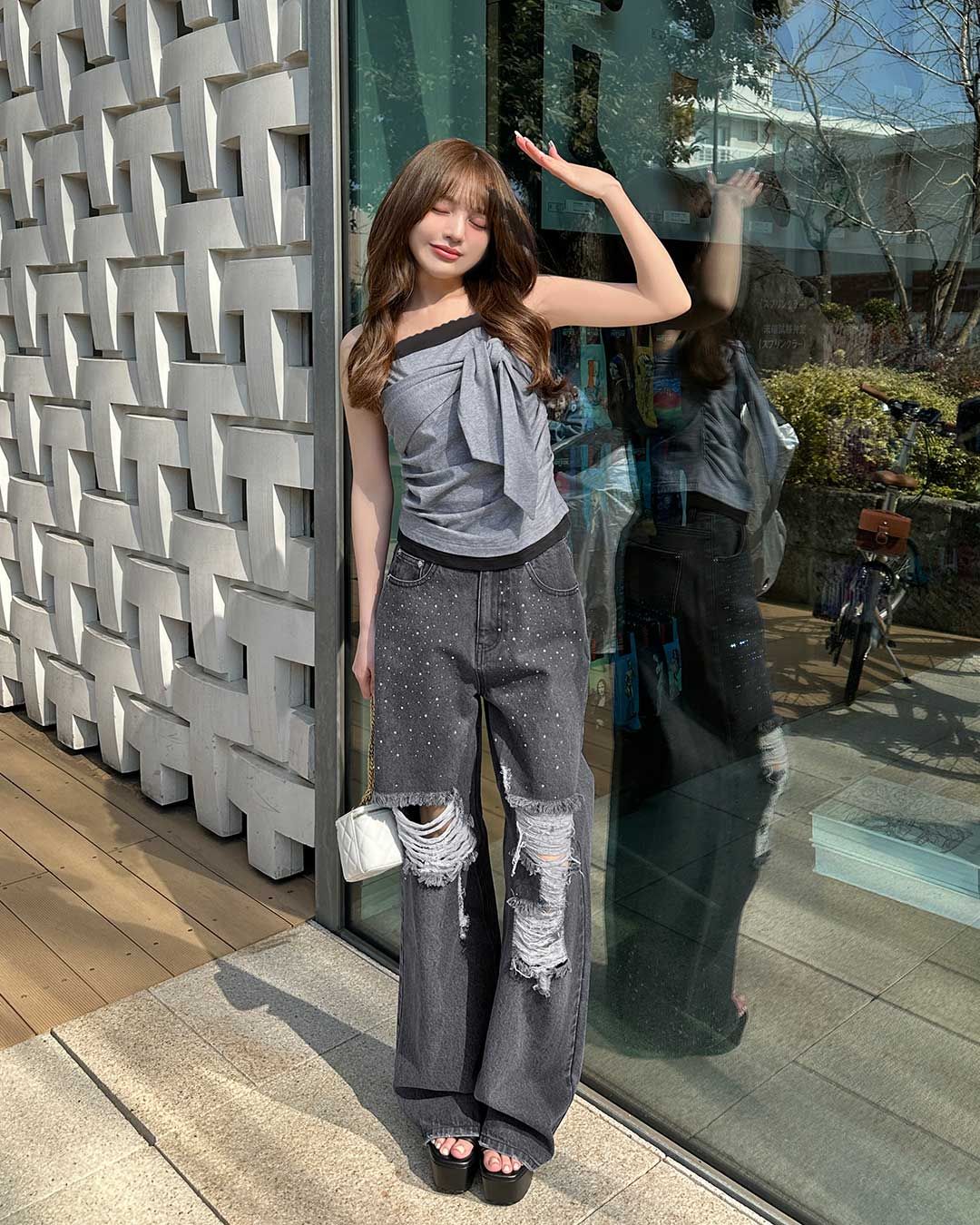 ラインストーンクラッシュデニムパンツ グレー | ファッション