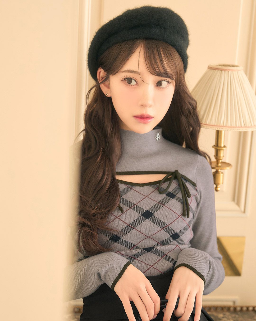 デコルテオープンチェックニットトップス グレー | ファッション通販