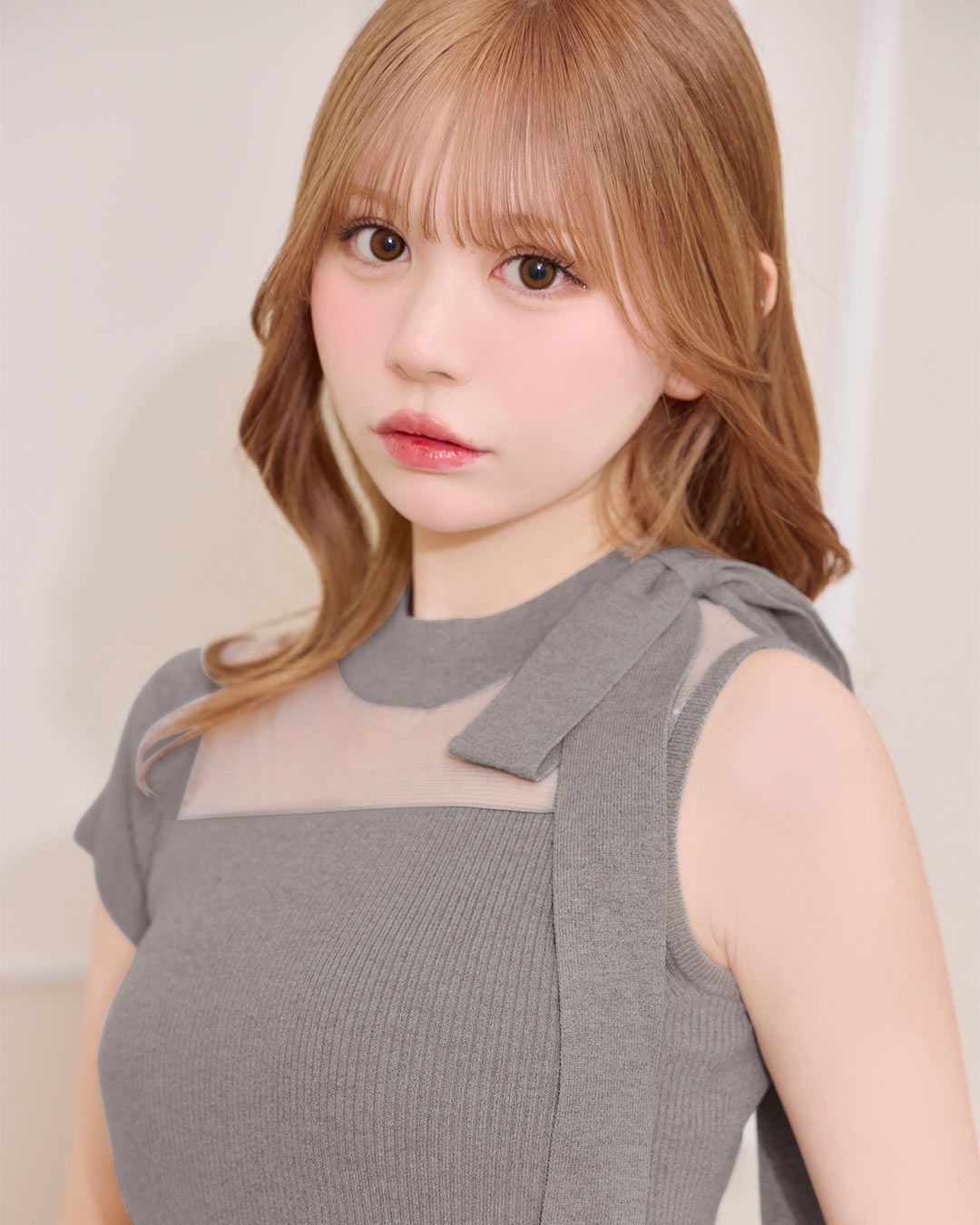 フィフィアンドロメオ　カシミアニット　リボンS アシンメトリーリボンニットワンピース グレー | ファッション