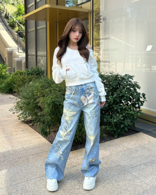 SOLNI プリントワイドデニム パンツ プリントワイドデニム ライトブルー | ファッション通販