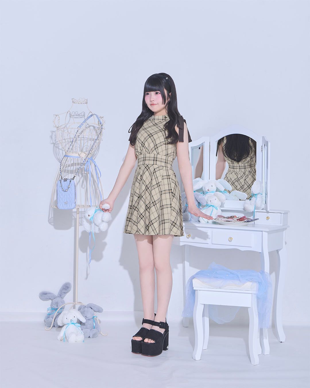 リボンショルダーチェックフレアワンピ ベージュ | ファッション通販