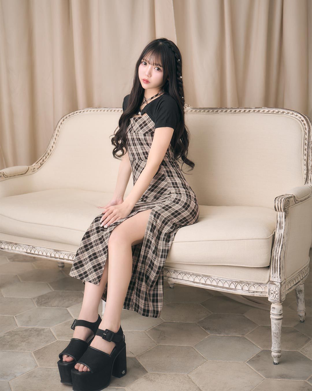 michellMacaron アンサンブルチェックワンピース ブラウン×ベージュ アンサンブルチェックワンピース ブラウン×ベージュ
