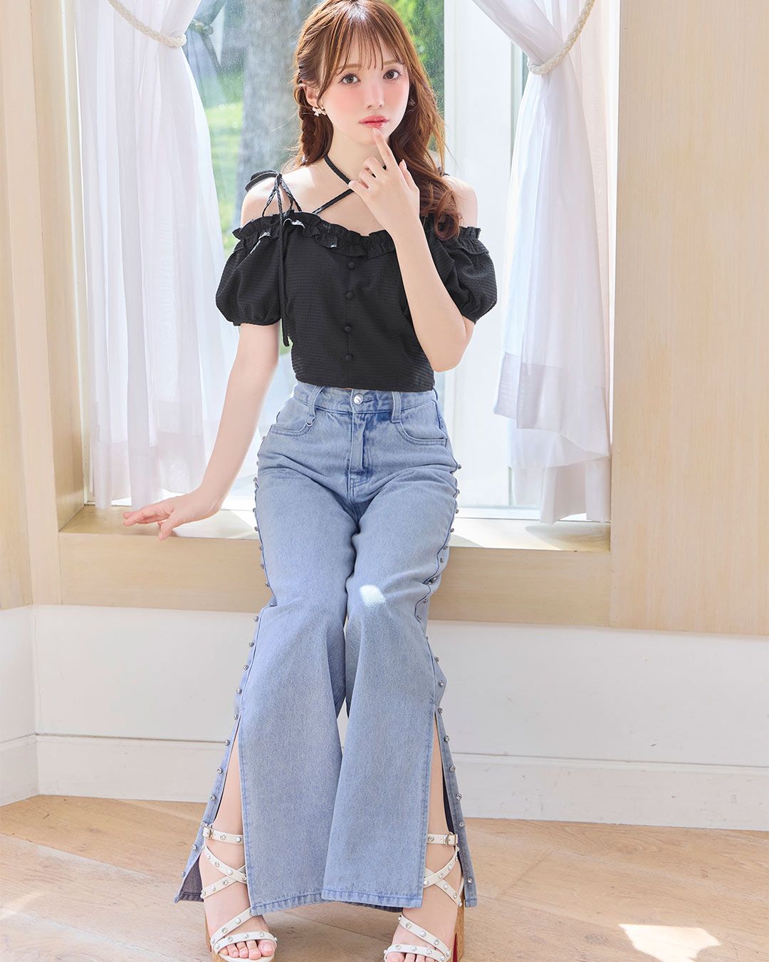 サイドビジューワイドデニムパンツ ライトブルー | ファッション