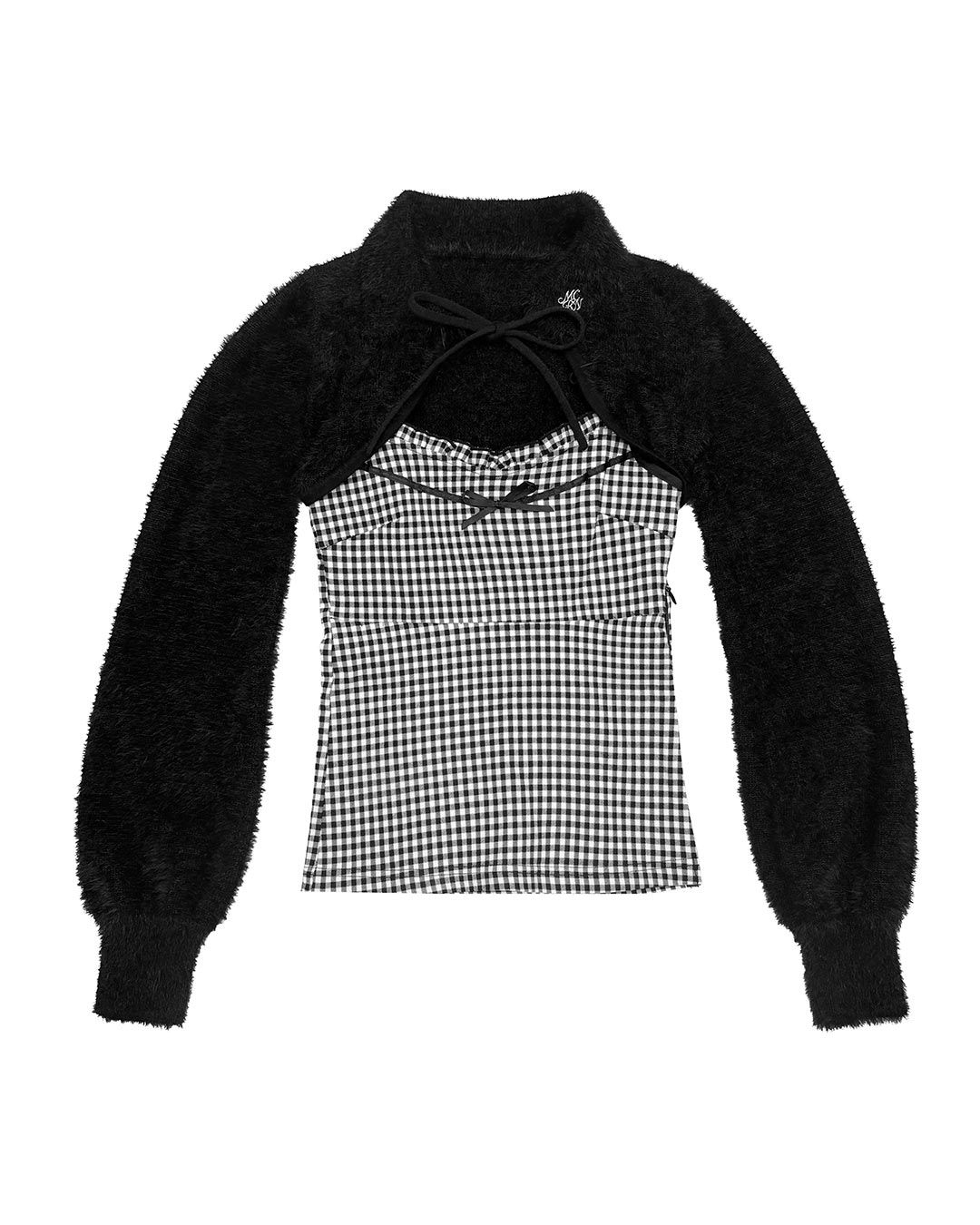 ‪☆ シャギーボレロsetチェックトップス‪☆ シャギーボレロsetギンガムチェックトップス ブラック | ファッション