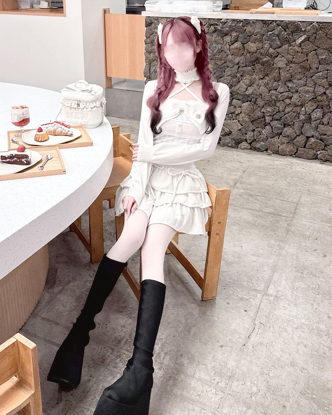 チョーカー付きビッグリボンアンサンブルトップス サックスブルー