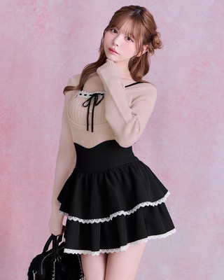 オリジナルチェック柄パイピングリボントップス ブラック