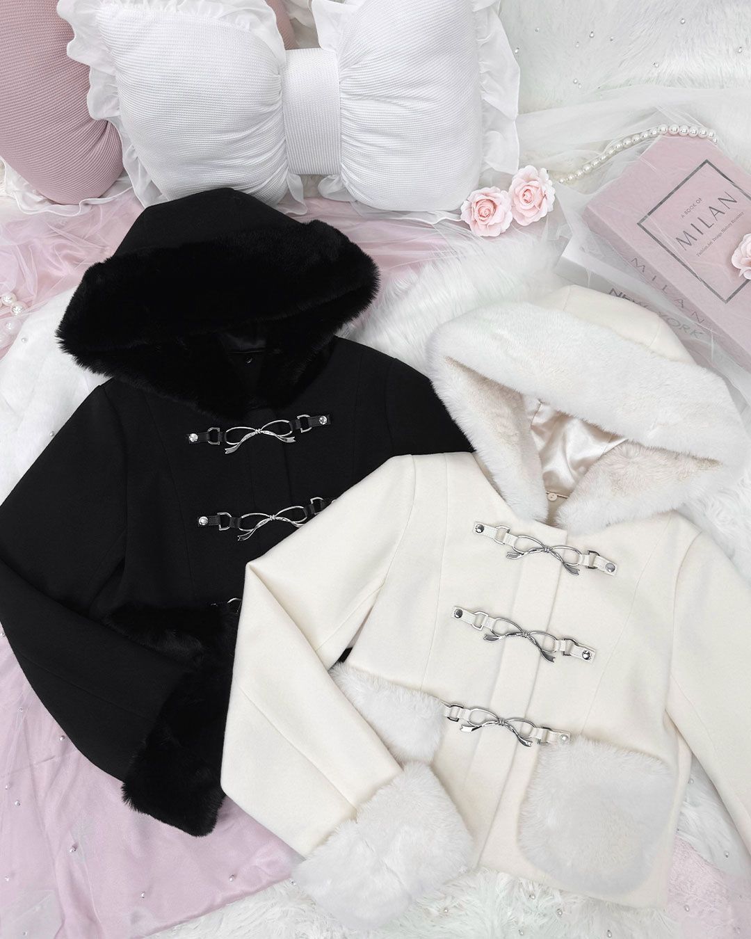 リボンビットフードショートコート ホワイト | ファッション通販